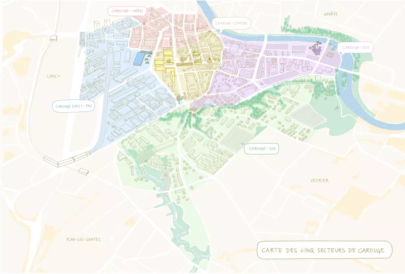 Carte des 5 secteurs de Carouge